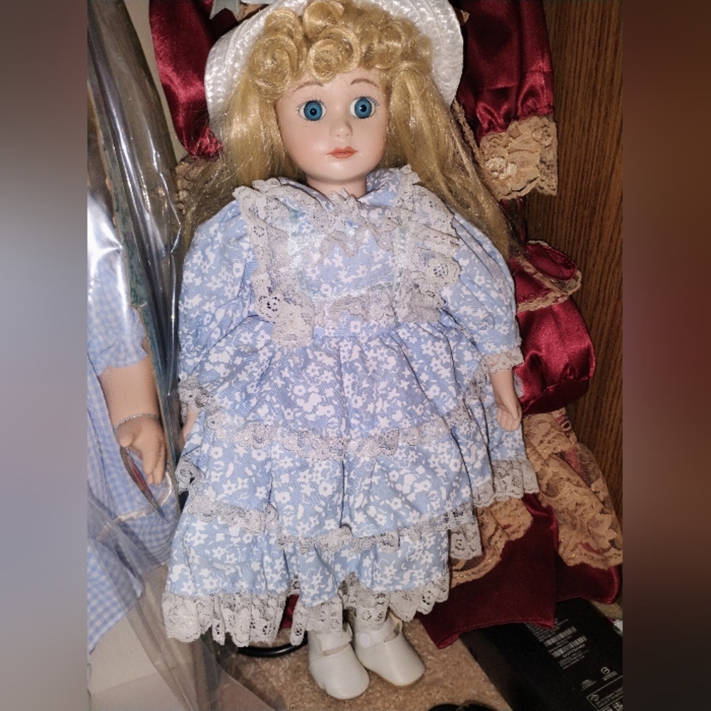 Collectable Porcelain Doll W/ Blue Floral Dress
